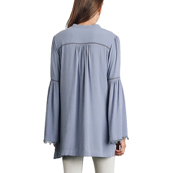 Umgee Popover Tunic Long Trumpet Sleeves Blue Med - Picture 3 of 13